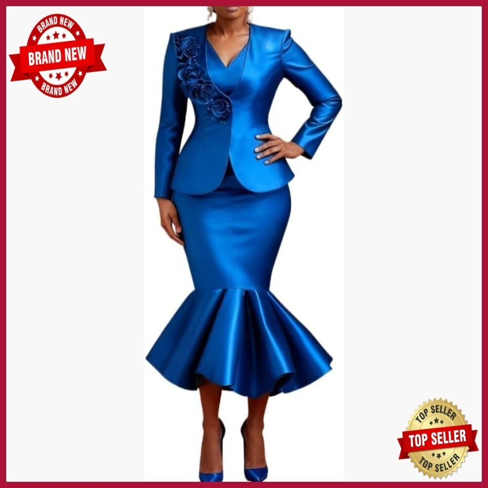 Women's 2-Piece Blazer Dress Set with 3D Floral Applique, Mermaid Hem